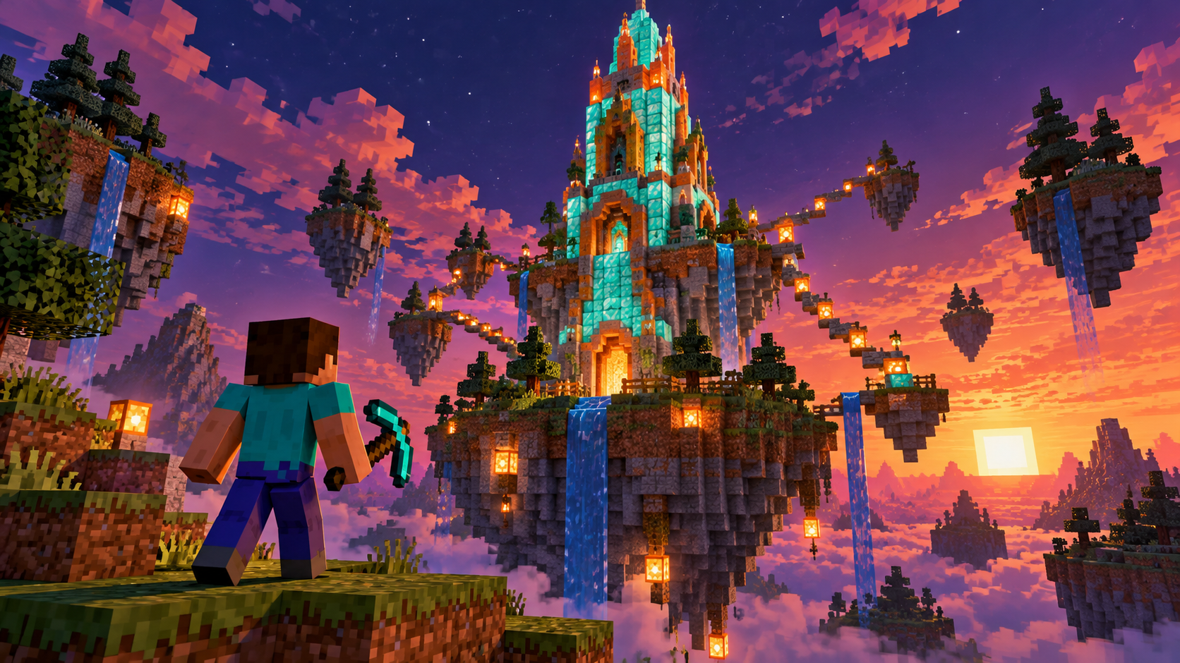 Bloklardan yükselen kule ve oyuncu, Minecraft konsept görseli